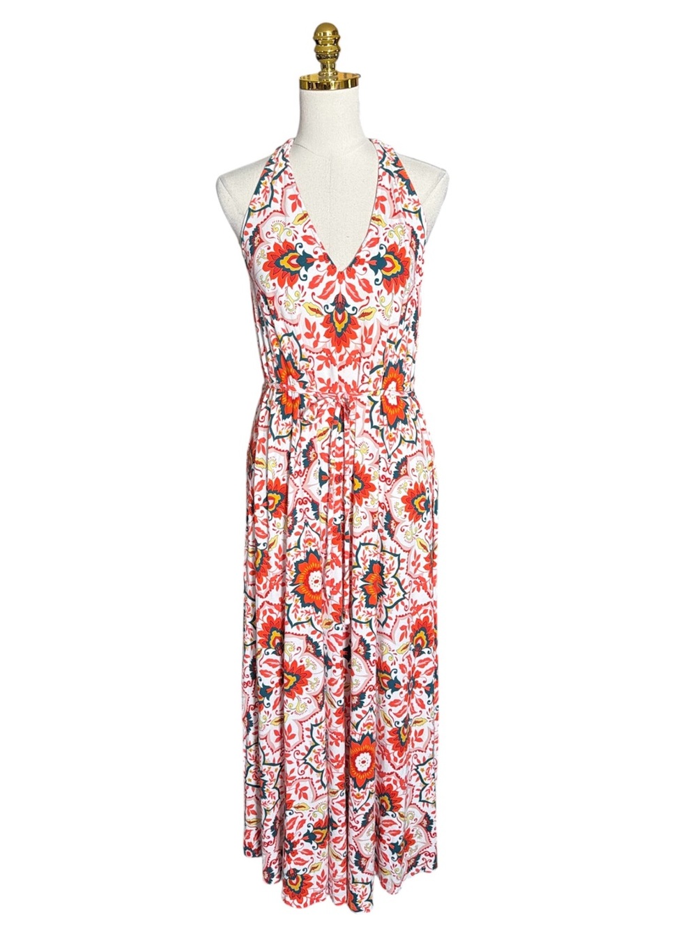 Boden Women Red Tile Print Halter Maxi Dress V-Neck Tie Waist Summer Resort 12R - Picture 3 of 13